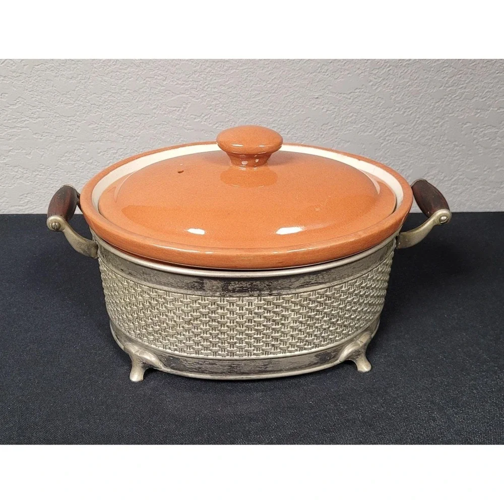 Guernsey Cooking Ware Stoneware Bean Pot Casserole Dish w/ Metal Carrier 1940s